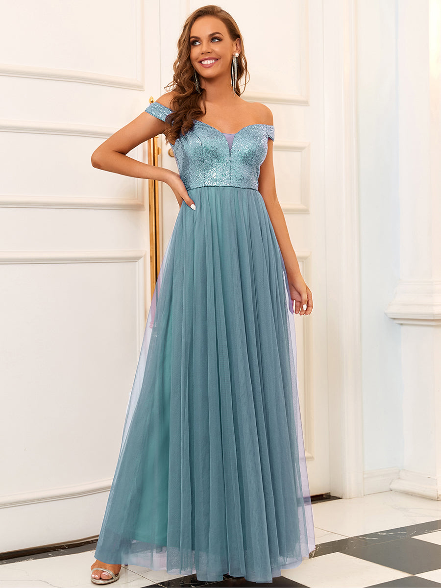 Off Shoulder Tulle & Sequin Evening Dress