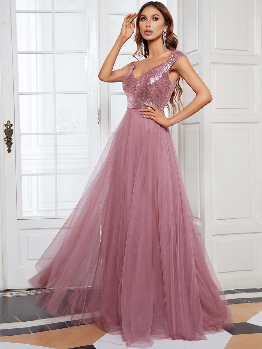 Off Shoulder Tulle & Sequin Evening Dress