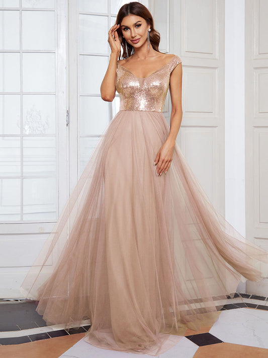 Off Shoulder Tulle & Sequin Evening Dress