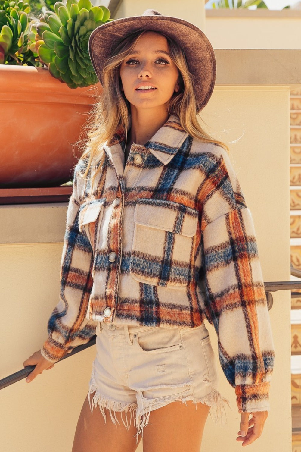 Brushed Plaid Cropped Jacket w/ Pockets