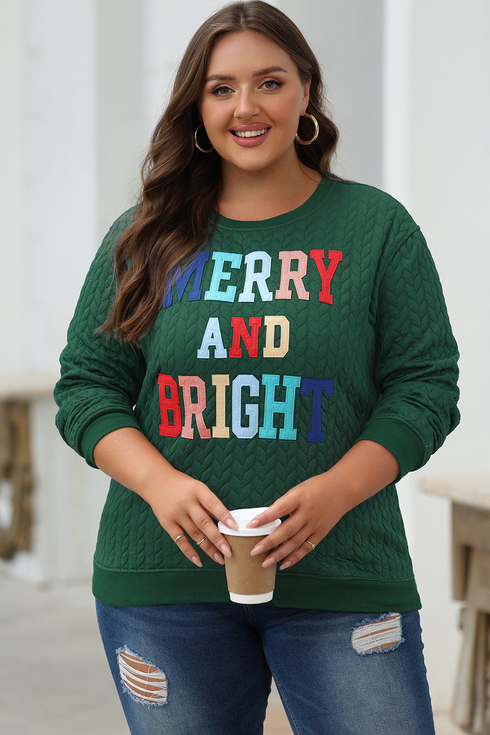 Merry & Bright Cable Knit Pullover Sweatshirt