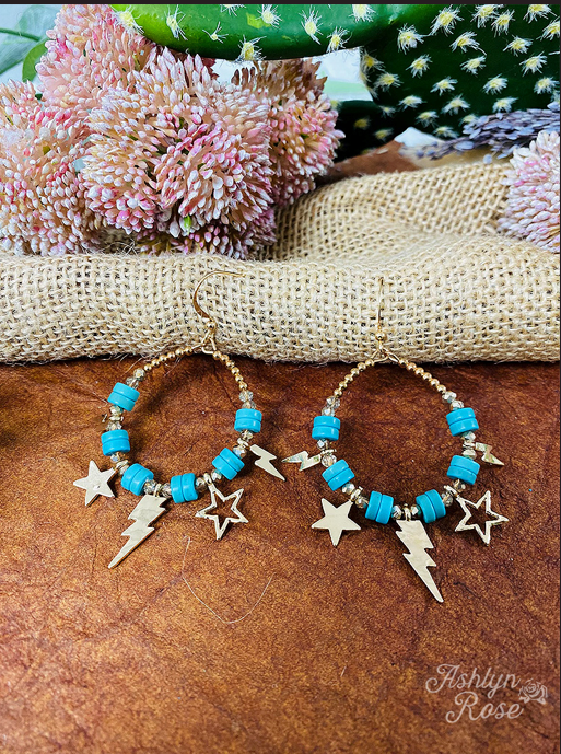 Thunderbolt And Star Beaded Turquoise Hoop Earrings