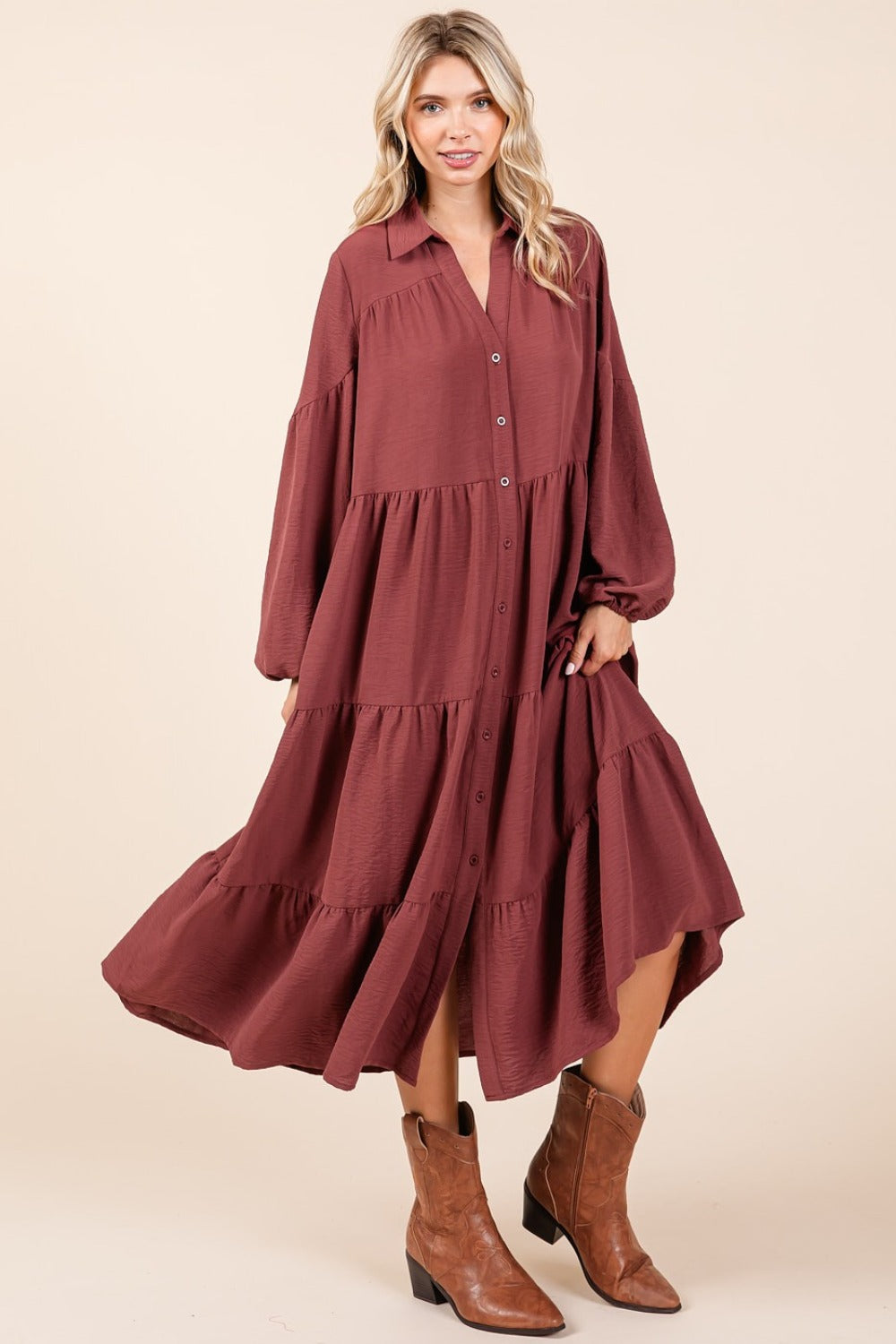 Tiered Button Down Midi Dress