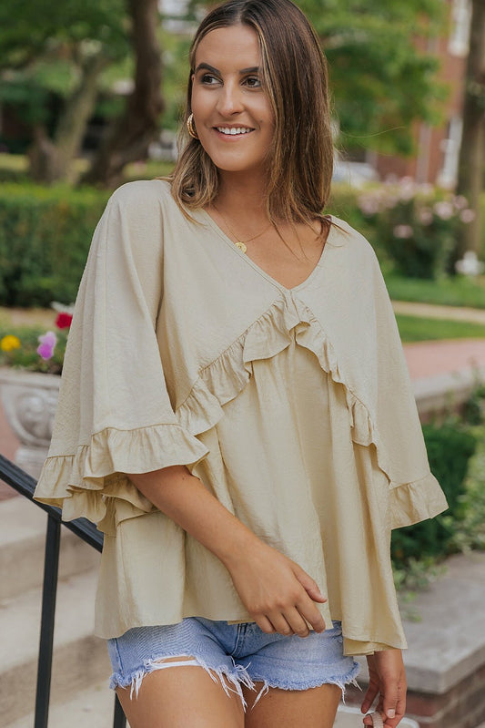 Apricot V Neck Draped Ruffle Blouse - Earth & Ember Boutique