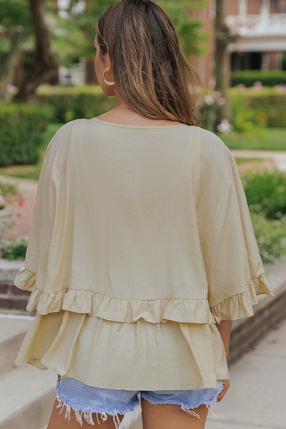 Apricot V Neck Draped Ruffle Blouse - Earth & Ember Boutique