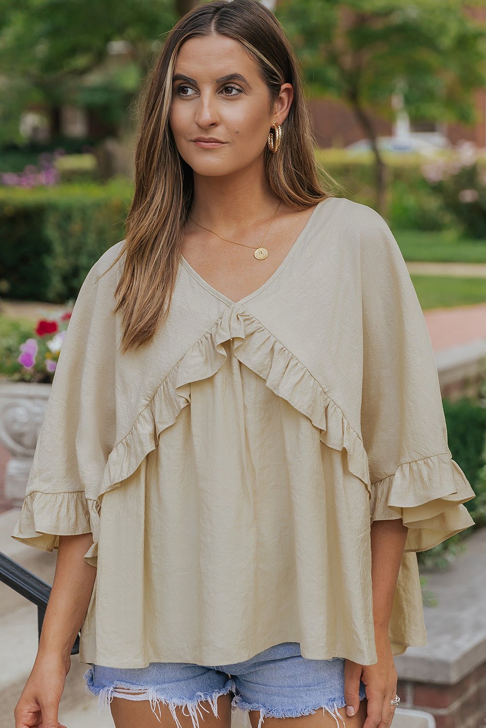 Apricot V Neck Draped Ruffle Blouse - Earth & Ember Boutique