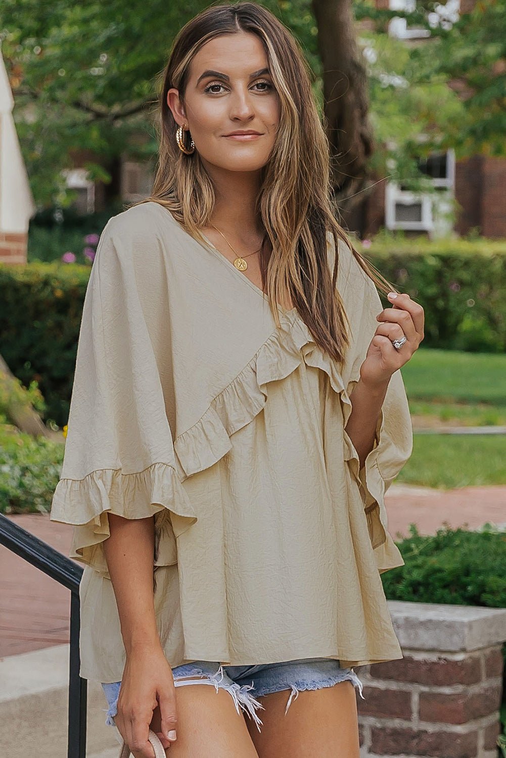 Apricot V Neck Draped Ruffle Blouse - Earth & Ember Boutique