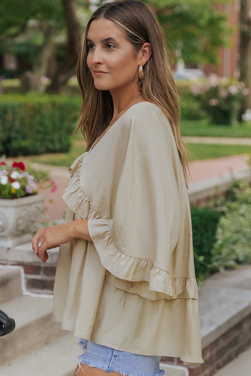 Apricot V Neck Draped Ruffle Blouse - Earth & Ember Boutique