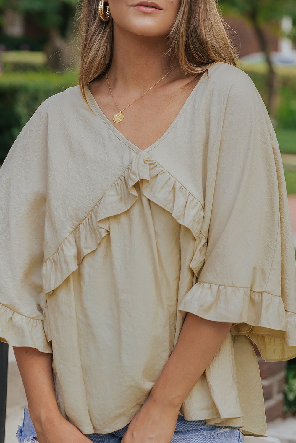 Apricot V Neck Draped Ruffle Blouse - Earth & Ember Boutique