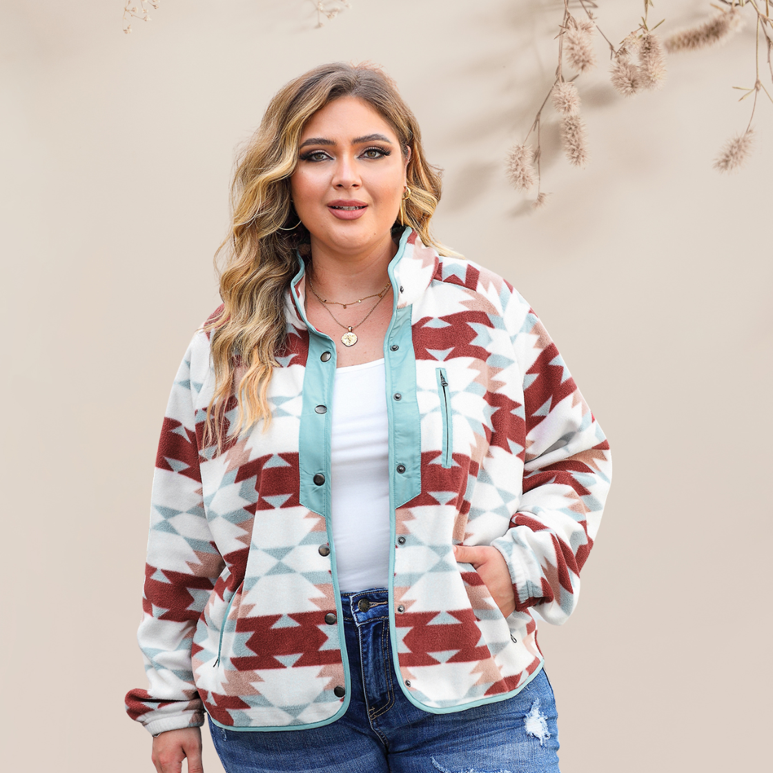 Geometric Aztec Pattern Fleece Jacket