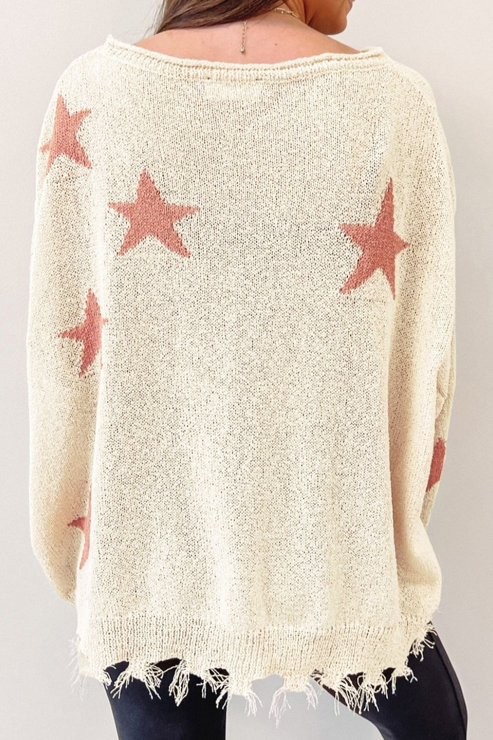 Contrast Star Raw Hem Long Sleeve Knit Sweater