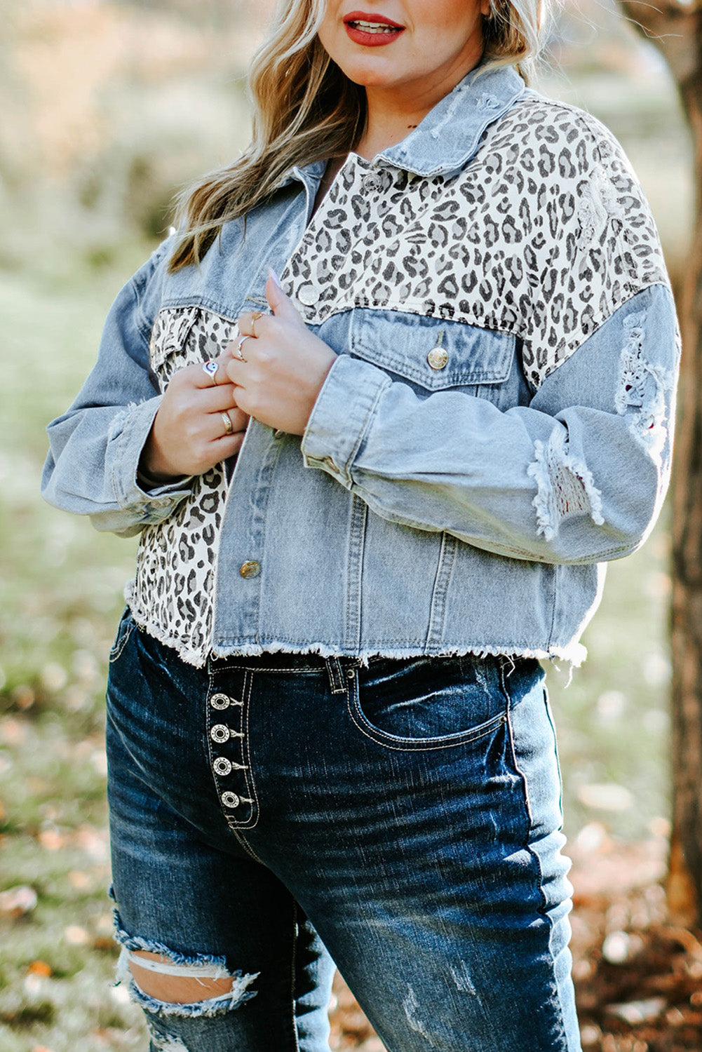 Leopard Ripped Cropped Denim Jacket