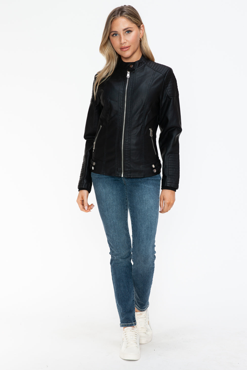 Faux Leather Biker Jacket with Side Zip Pockets