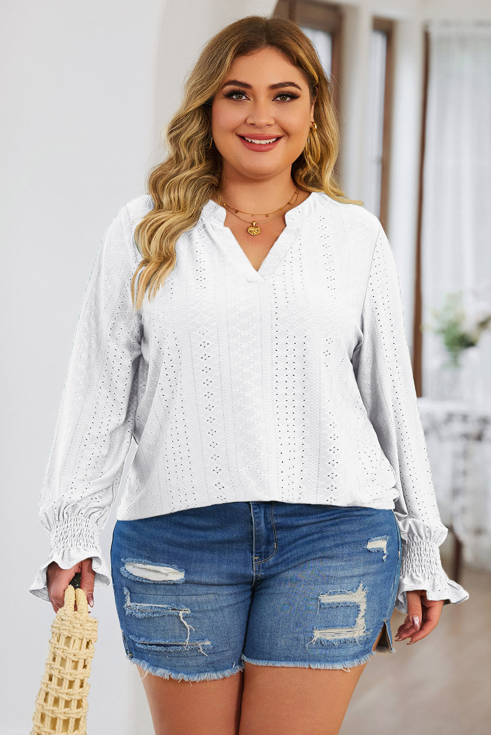 Eyelet Notched Flounce Sleeve Blouse