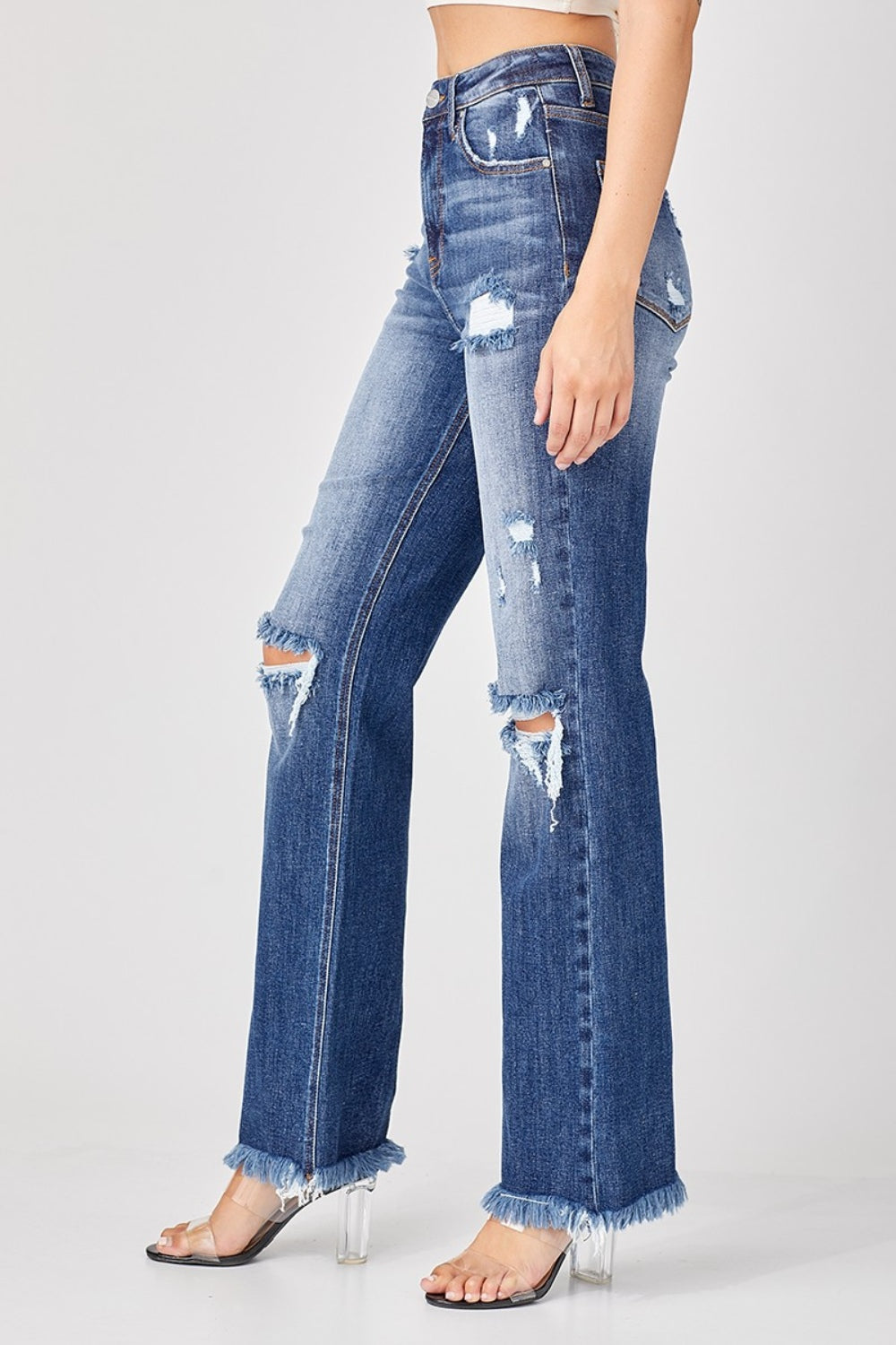 Risen Raw Hem Distressed Straight Leg Jeans