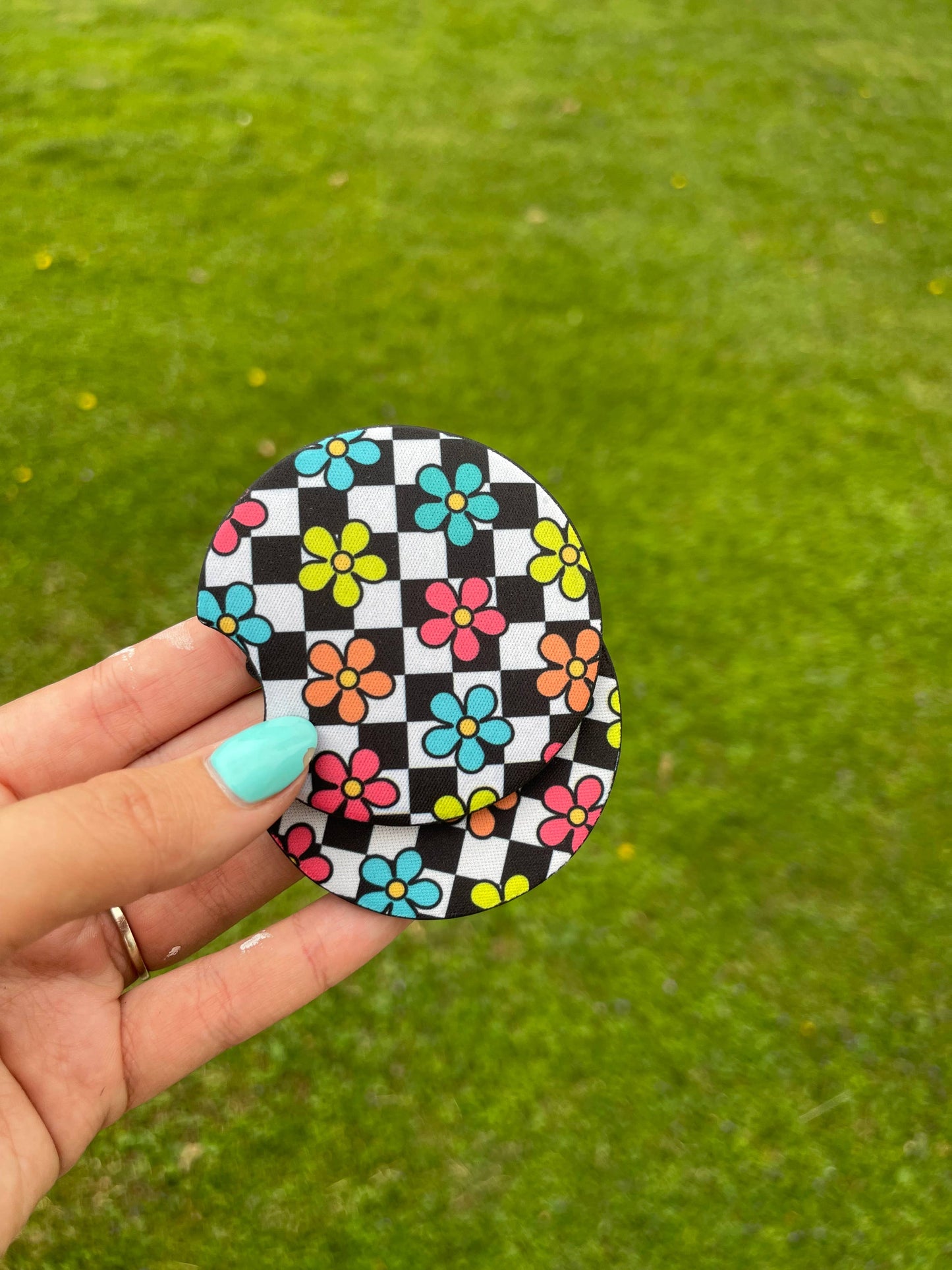 Neon Checkered Flower Car Coaster Set