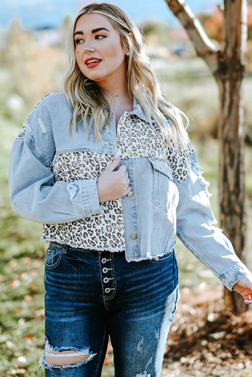 Leopard Ripped Cropped Denim Jacket