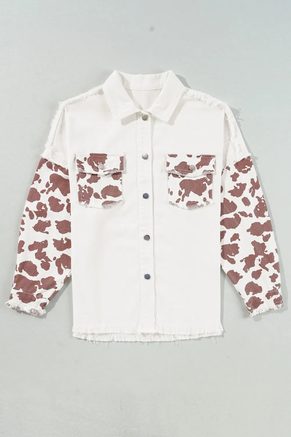 Raw Hem Cow Print Denim Jacket