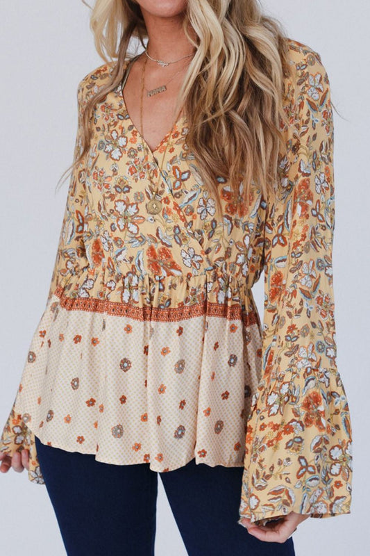 Peplum Printed Flare Sleeve Blouse