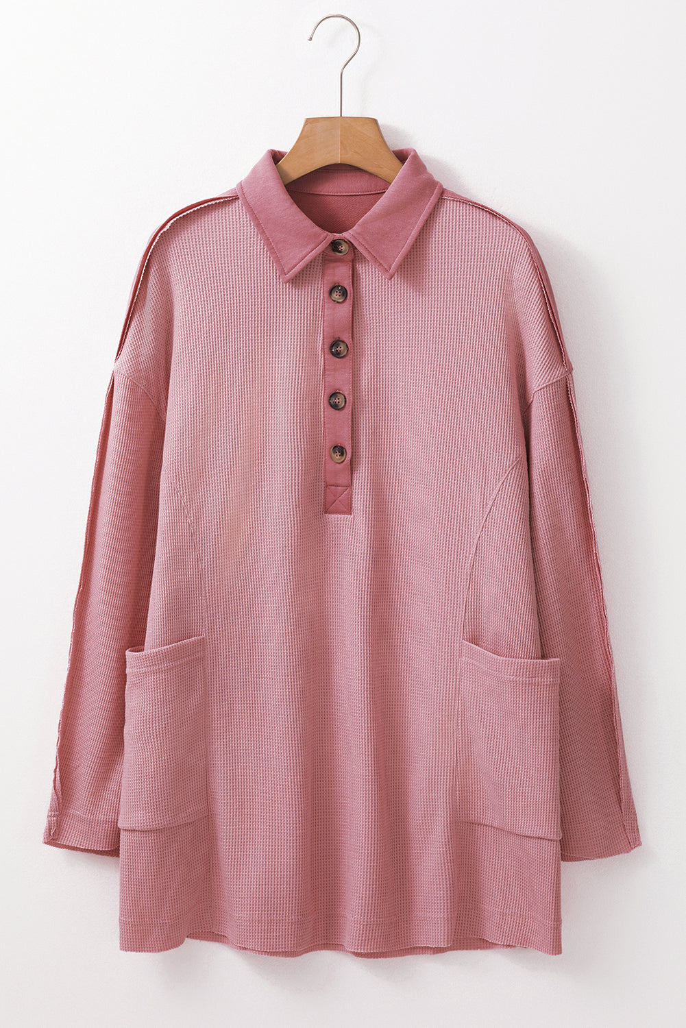 Waffle Long Sleeve Collar Half Button Top