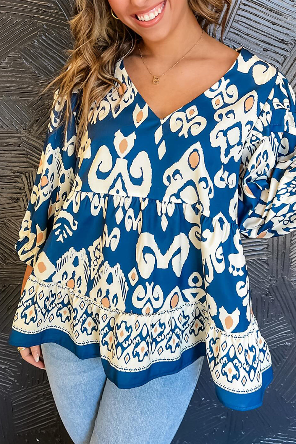 Blue Geometric Print 3/4 Sleeve Blouse