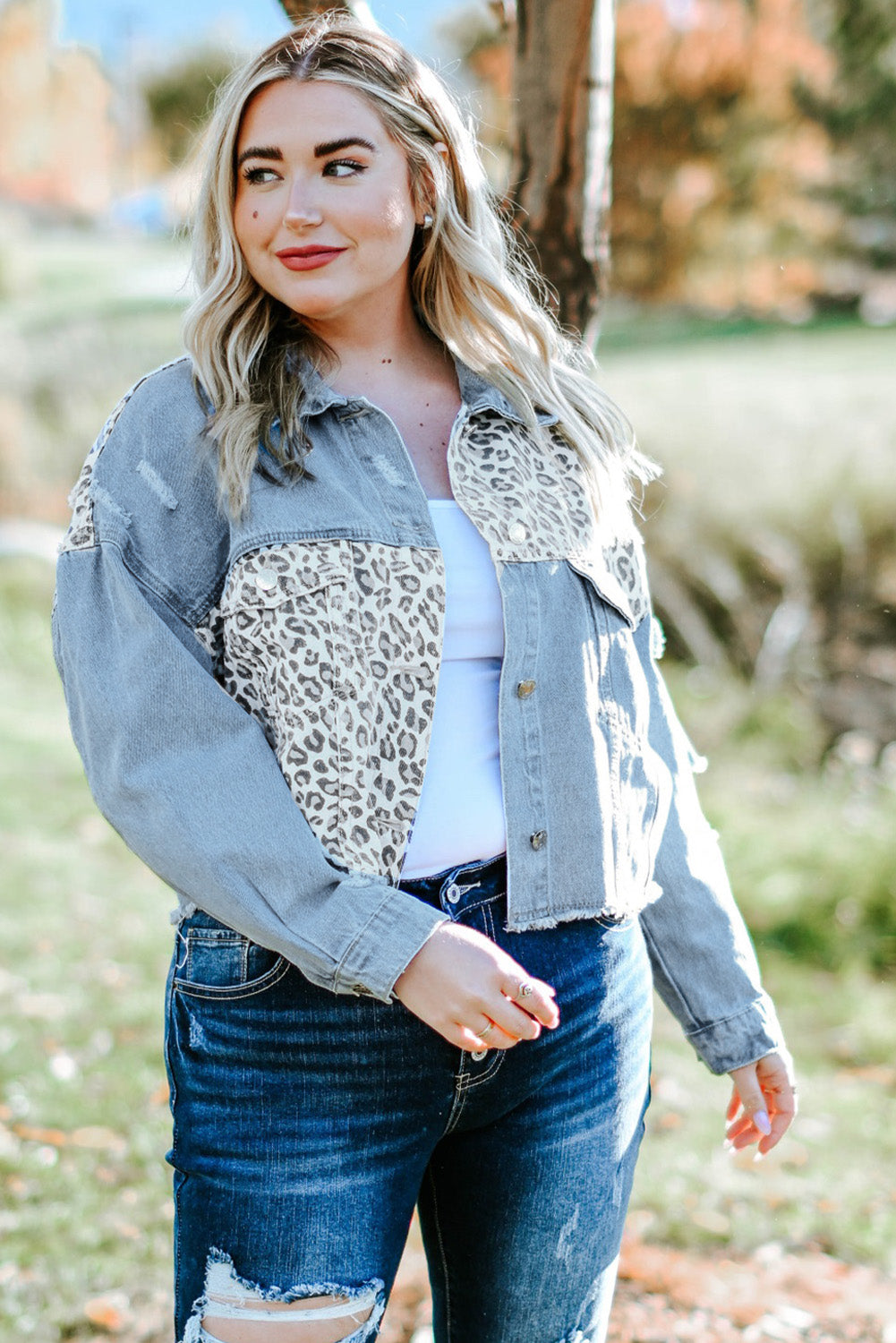 Leopard Ripped Cropped Denim Jacket