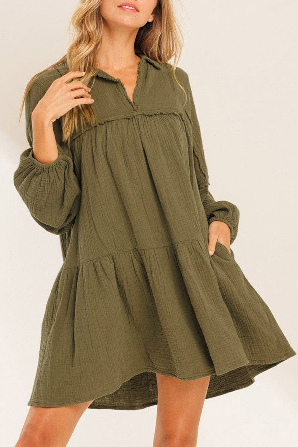 Green Frayed Trim Flared Dress