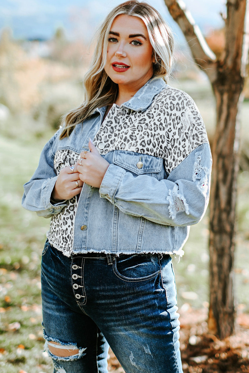 Leopard Ripped Cropped Denim Jacket