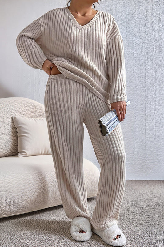 Ribbed Drop Shoulder Top and Pants Lounge Set