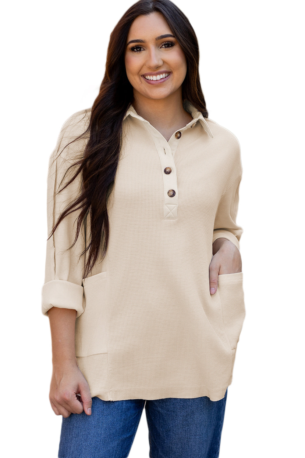 Waffle Long Sleeve Collar Half Button Top