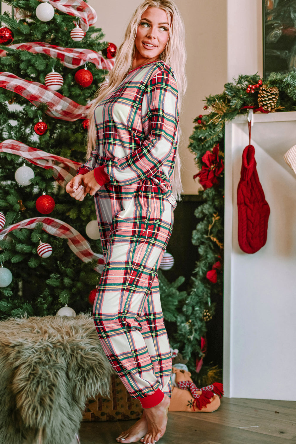 Red Christmas Plaid Allover Top & Pants Lounge Set