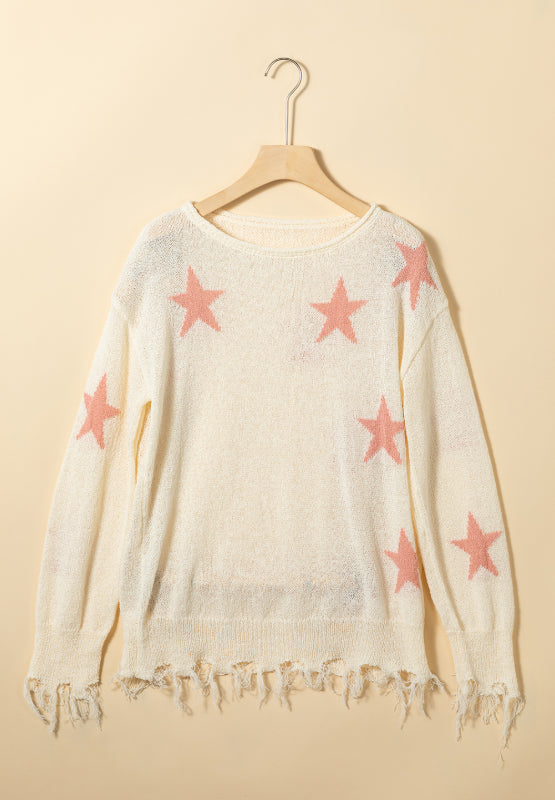 Contrast Star Raw Hem Long Sleeve Knit Sweater