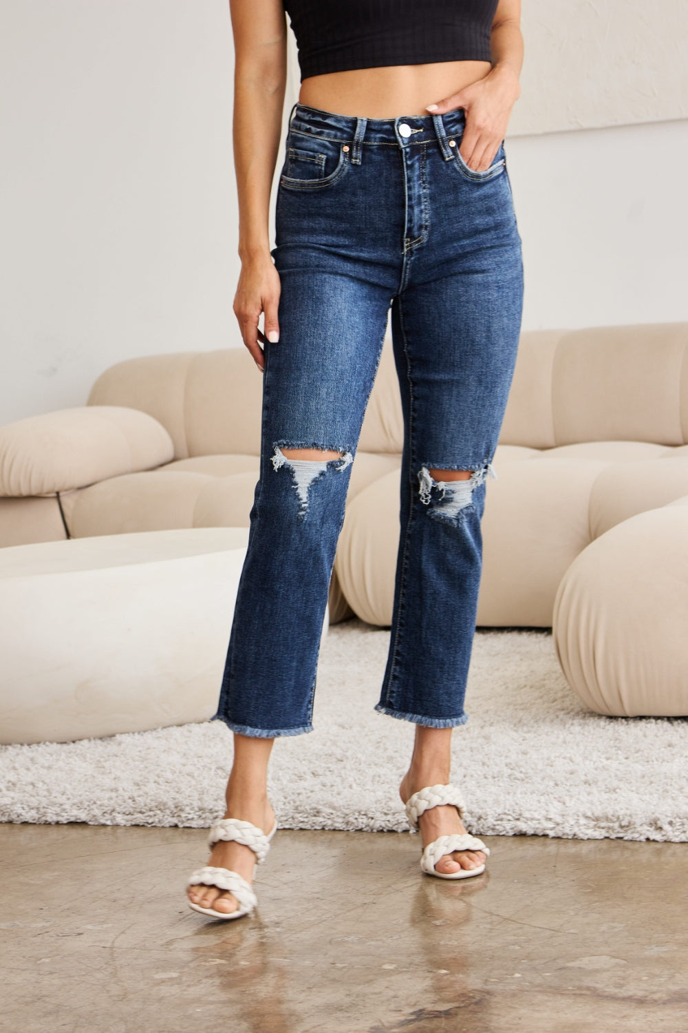 RFM Tummy Control Distressed High Waist Raw Hem Jeans