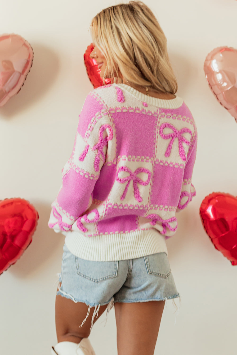 Pink Bow-Knot Checkered Sweater