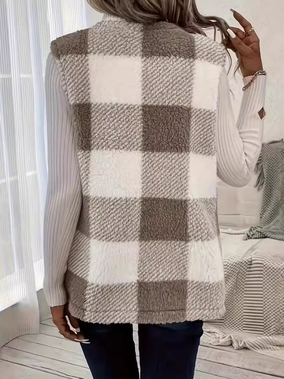 Plaid Open Front Sherpa Vest