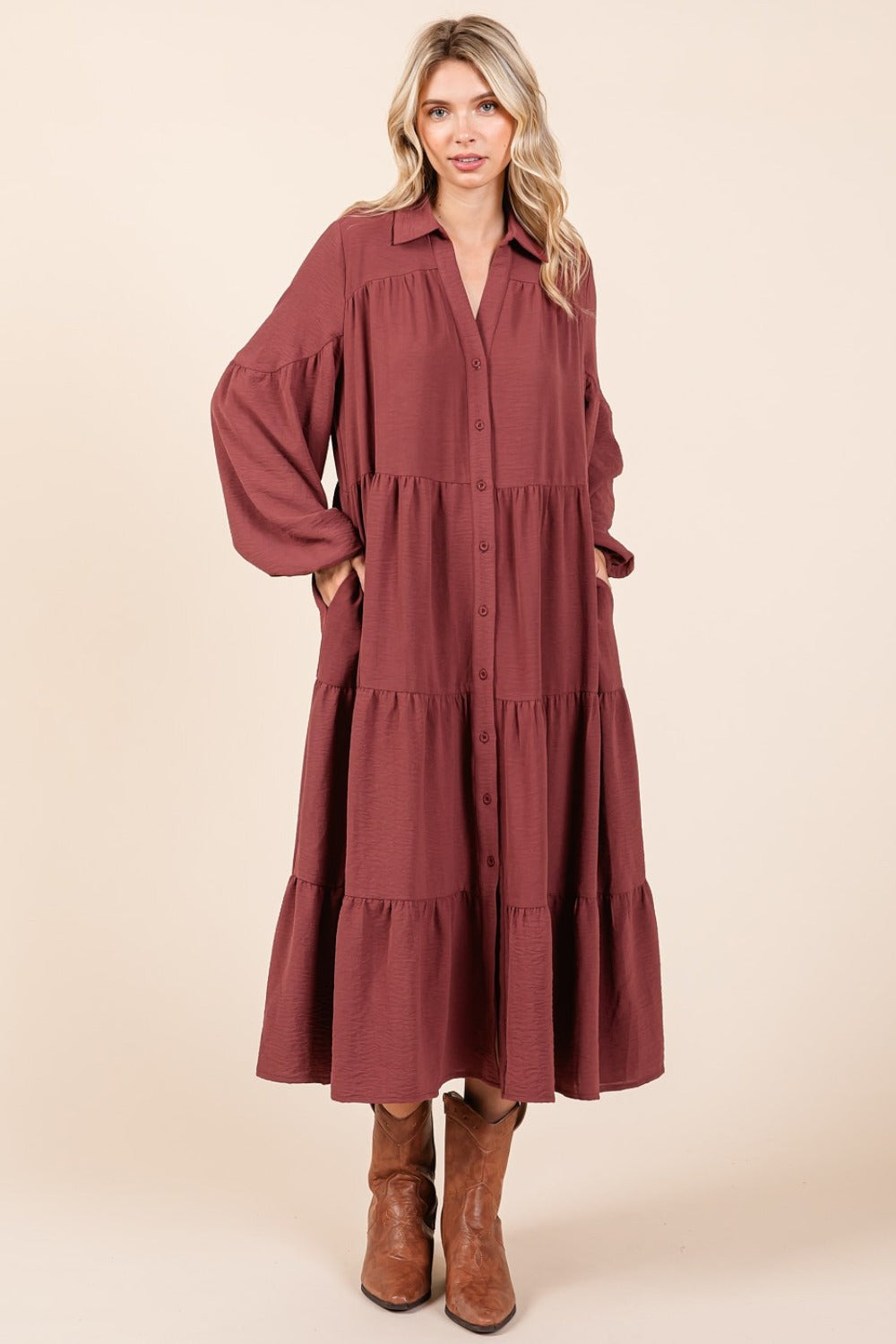 Tiered Button Down Midi Dress