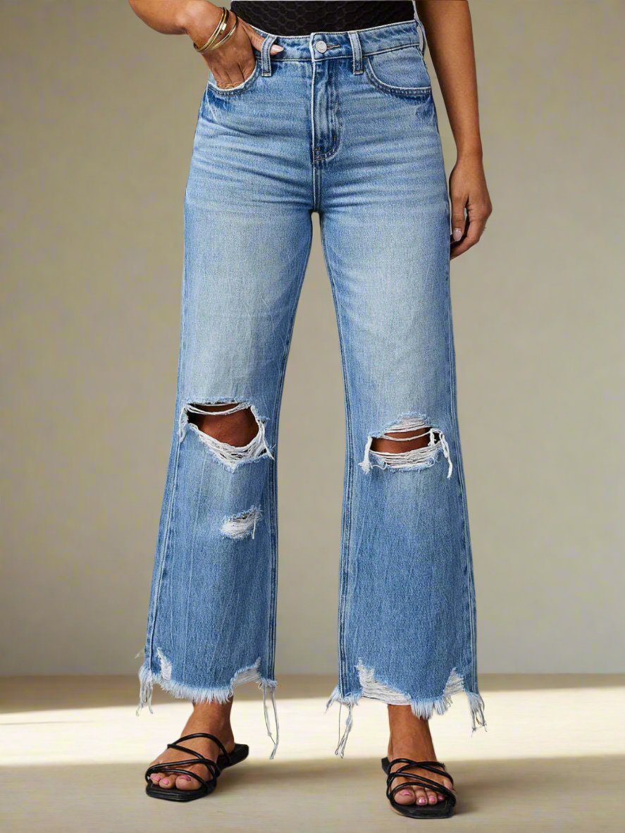 Distressed Raw Hem Jeans with Pockets