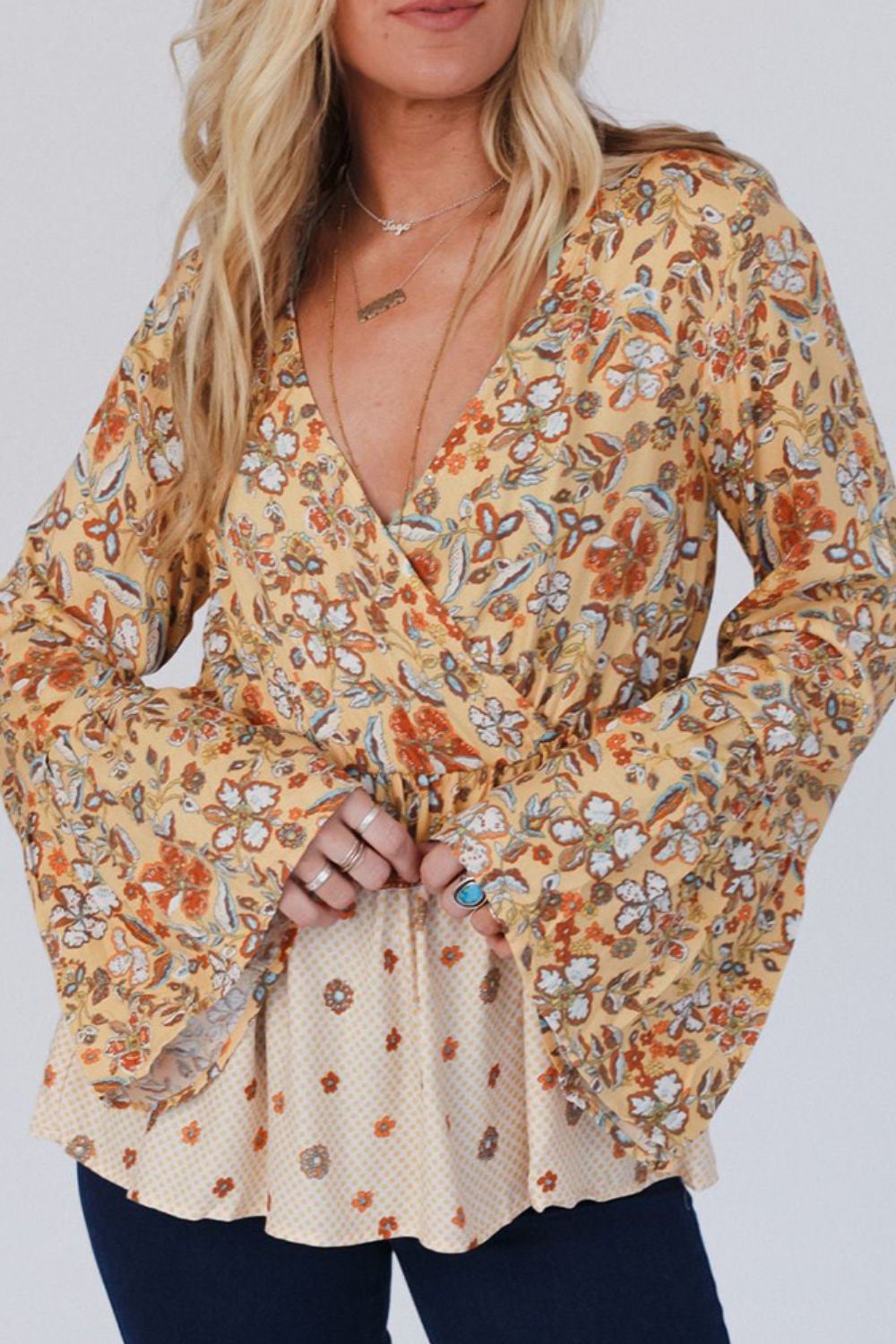 Peplum Printed Flare Sleeve Blouse