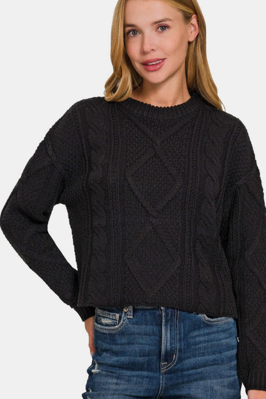 Zenana Cropped High Low Cable Sweater