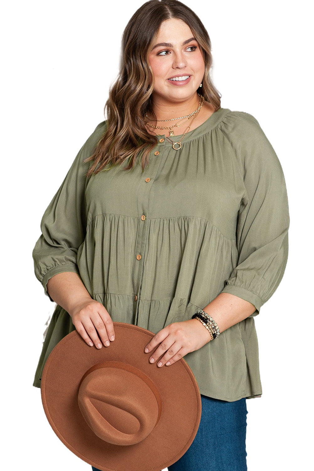 Green Ruffle Tiered Split Neck Shirt