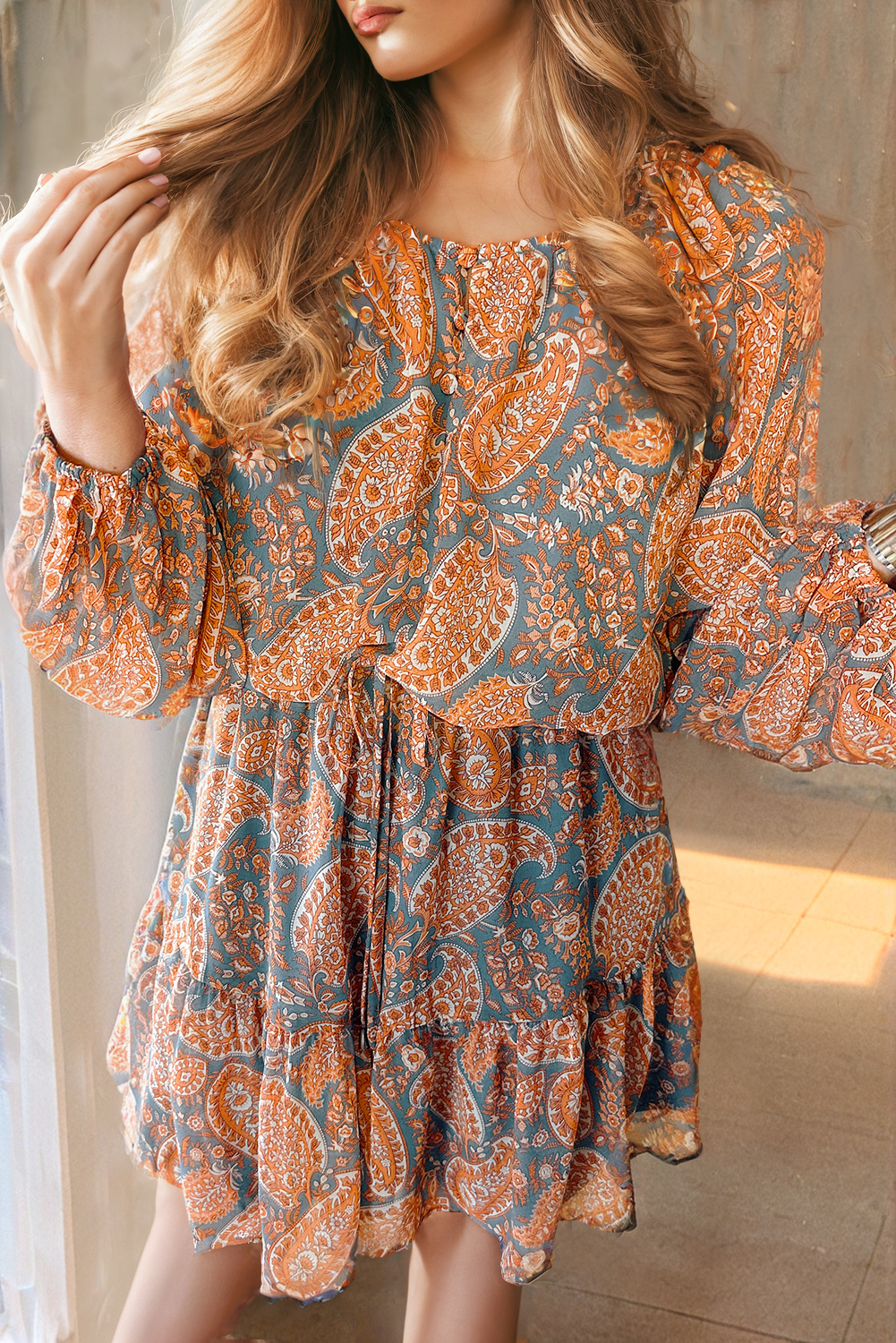 Orange Paisley Print High Waist Mini Dress