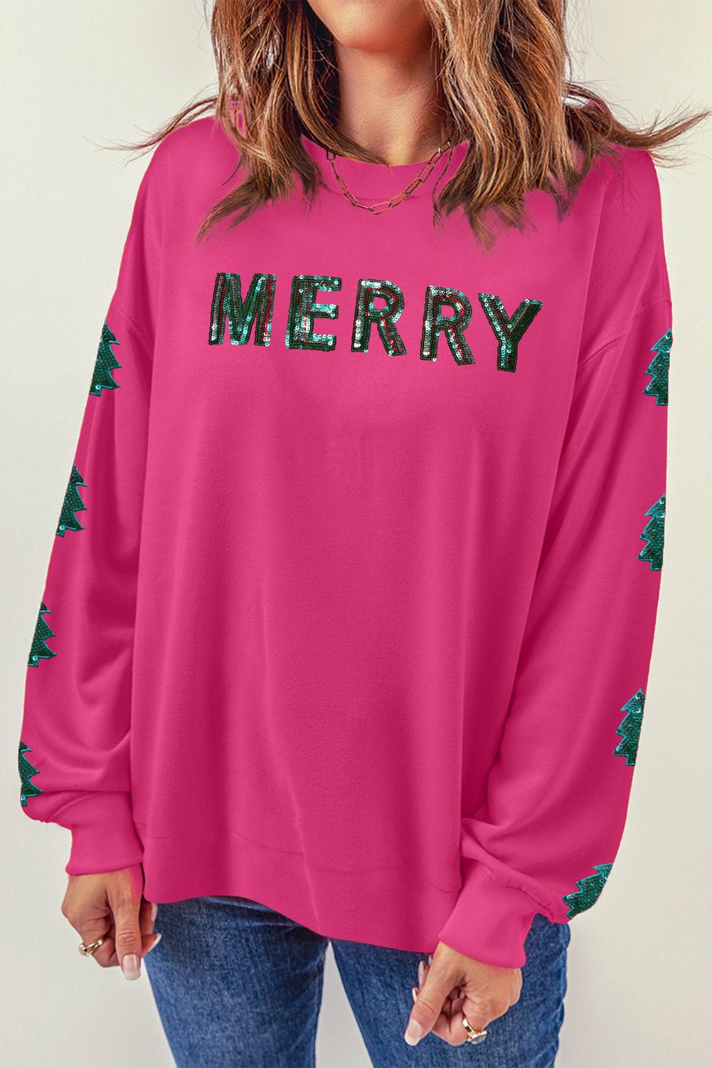 "MERRY Christmas" Tree Sequin Patchwork Sweatshirt - Earth & Ember Boutique