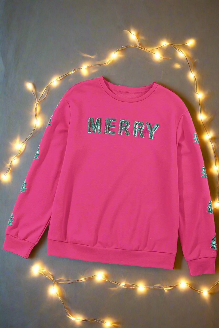 "MERRY Christmas" Tree Sequin Patchwork Sweatshirt - Earth & Ember Boutique